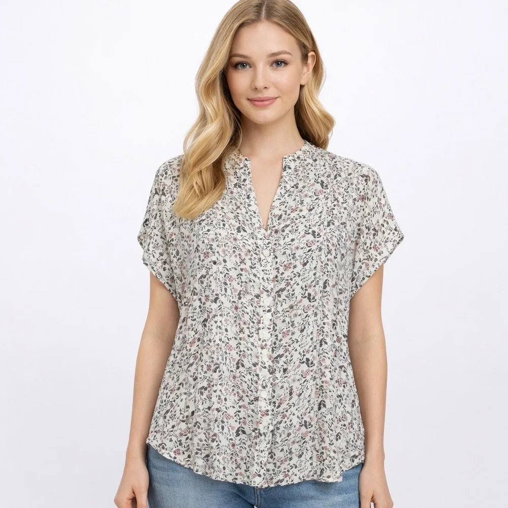 Treasure & Bond Floral Blouse Boho Peasant Top Button Front Short Sleeve XL - Picture 1 of 8